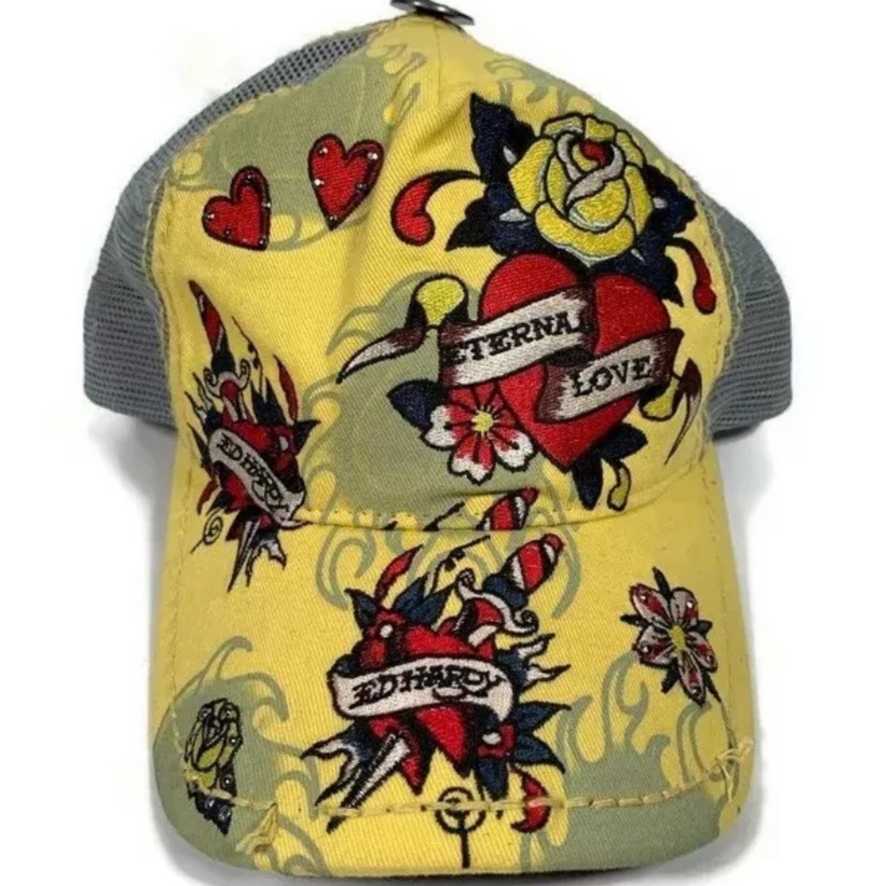 Vintage Don Ed Hardy Yellow Trucker SnapBack hat